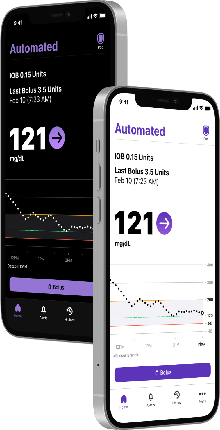 view of Omnipod 5 in dark and light screen mode