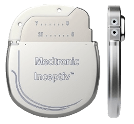 Front & side view of Medtronic Inceptiv advanced SCS system with automatic closed-loop sensing technology