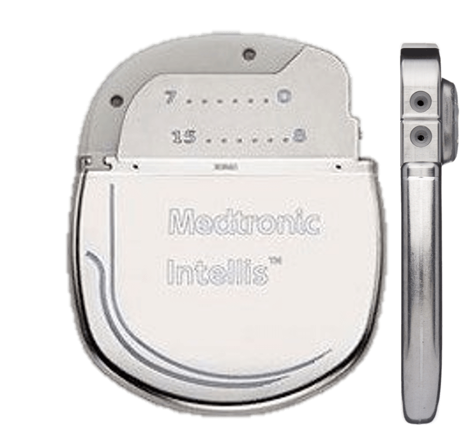 Front & side view of Medtronic Intellis implantable spinal cord neurostimulator