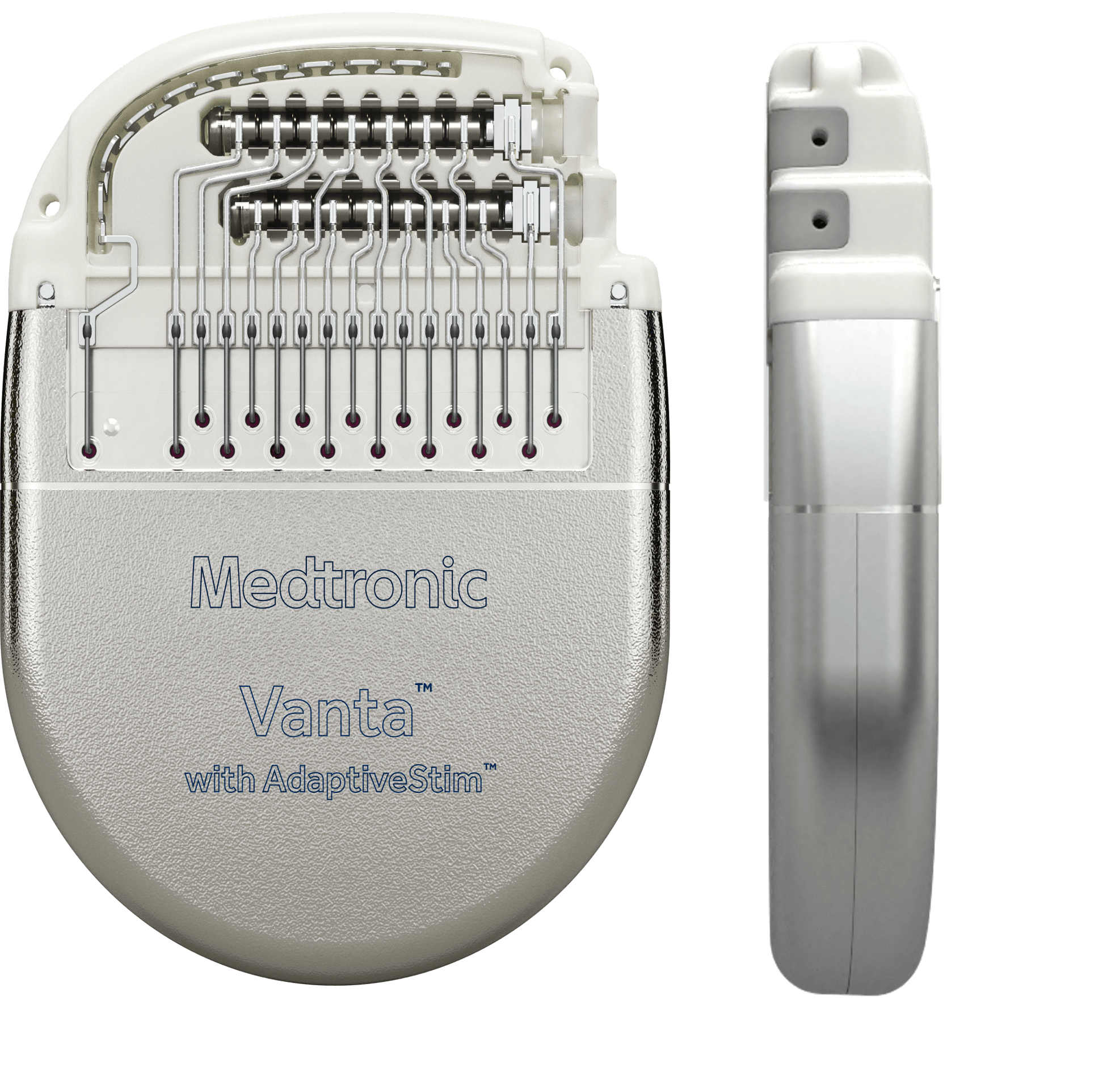 Front & side view of Medtronic Vanta recharge-free spinal cord neurostimulator